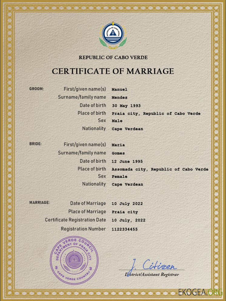Modèle PSD de certificat de mariage au Cap Vert